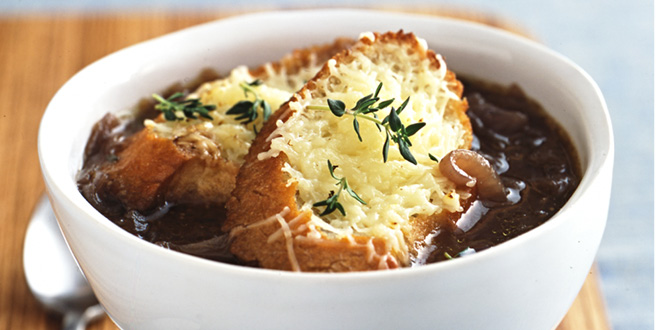 Red Onion Soup With Melting Gruyere Croutons