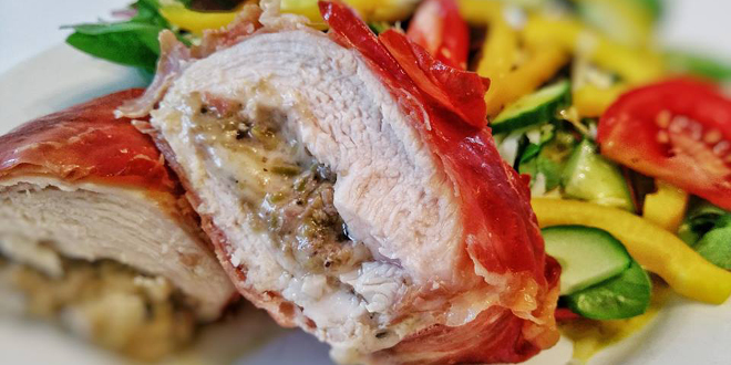 Chicken Breasts Stuffed With Mozzarella & Green Olive Tapenade Wrapped In Parma Ham