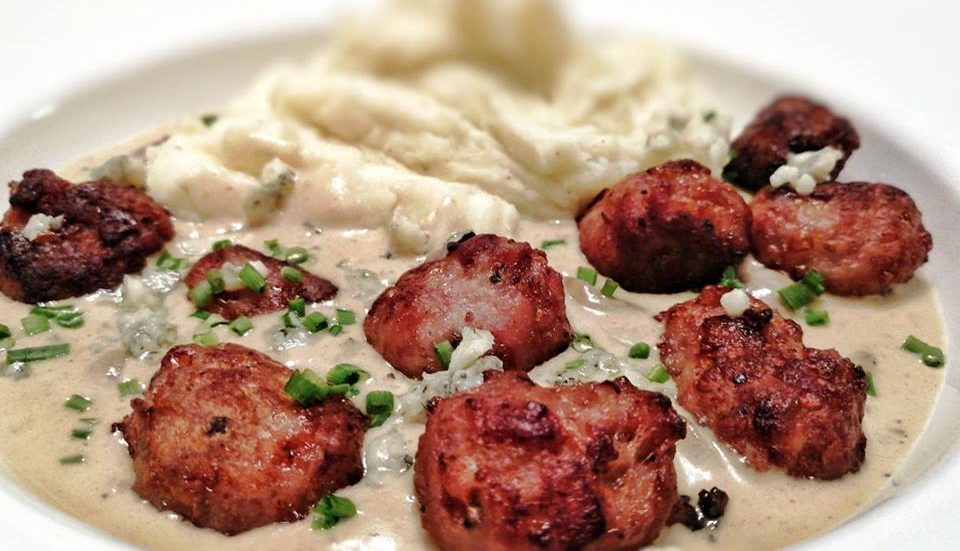 Sausage Balls In A Mushroom & Creamy Blue Cheese Sauce