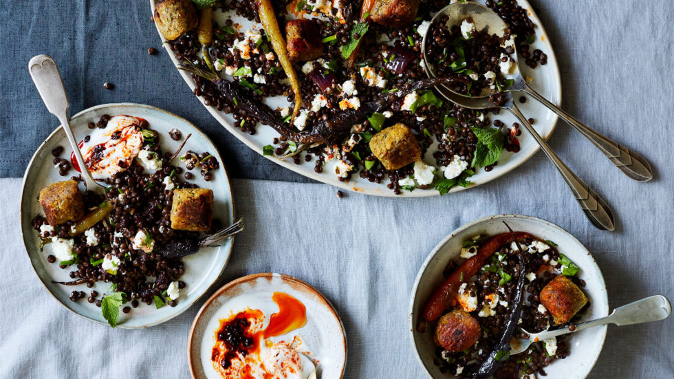 Warm Falafel And Lentil Salad With Harissa Dressing