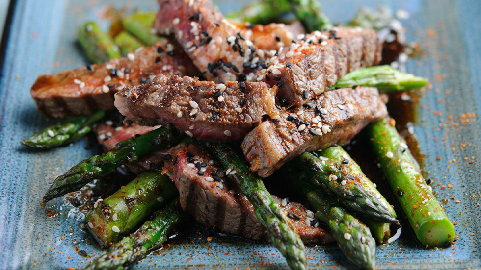 Barbecue Steak With Grilled Asparagus And Teriyaki Sauce